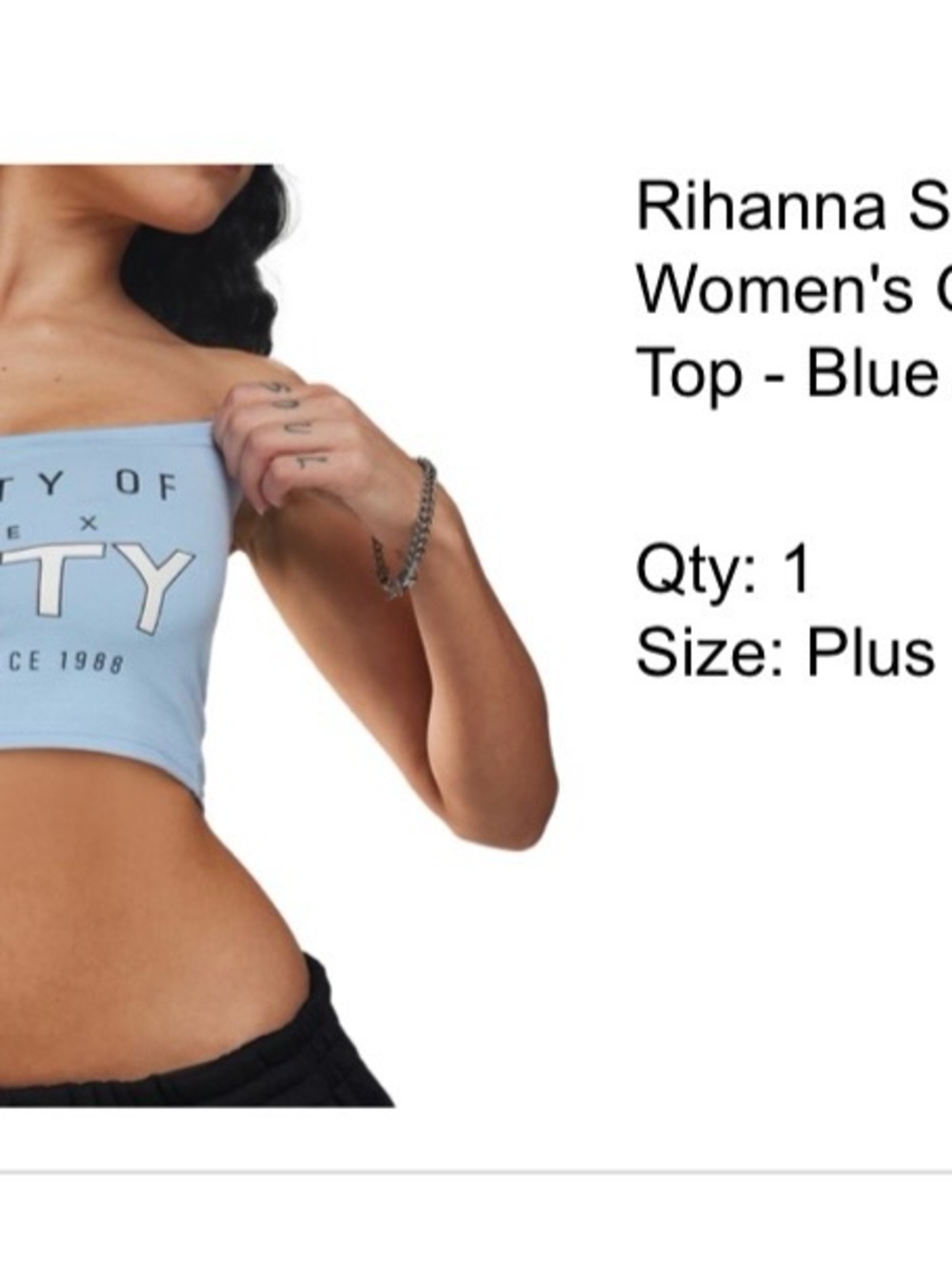 Rihanna Light Blue Strapless Tube Crop Top with Front Lettering